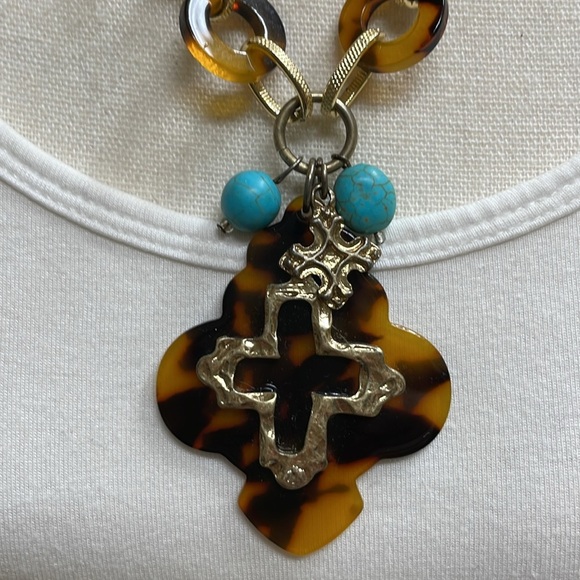 Turquoise & Tortoise Cross & Fleur-de-Lis Necklace Set Boho Designer Inspired - Picture 5 of 11